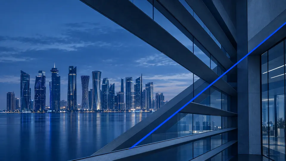 Modern city skyline at blue hour seen through architectural glass